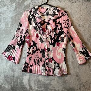 Vintage Y2K Pink Psychedelic‎ Ruffle Button Up Blouse Plissé Retro Print Medium